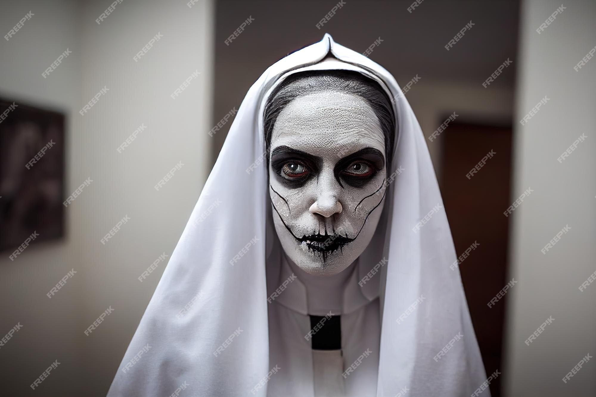 Mulher vestida de freira para o halloween com maquiagem de caveira