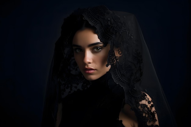 Foto mulher vestida de luto em preto com mantilla