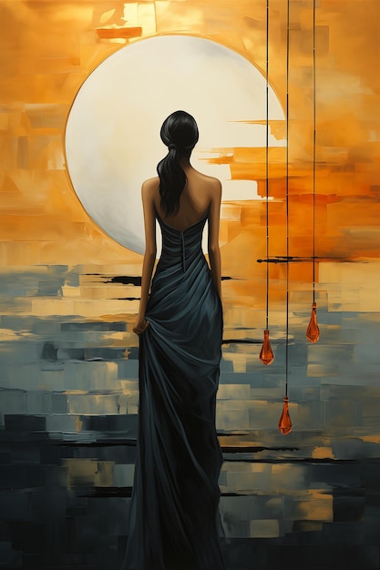 mulher vestido longo olhando sol vermelho laranja reflexo luz da lua lua tristeza óleo lona mate lágrima