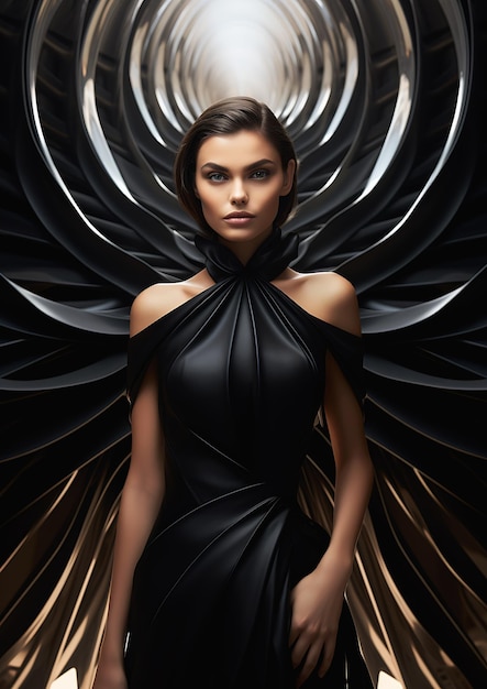 mulher vestido preto asas ombros beleza campanha metálico torso tv comercial neoprene luxo
