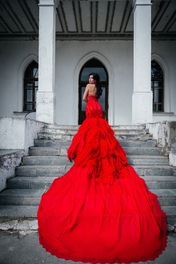 Foto mulher vestido vermelho vintage velho castelo linda princesa em vestido sedutor elegante caucasiana feminina história de conto de fadas escada escura
