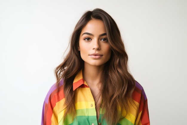 mulher vestindo a camisa do arco-íris
