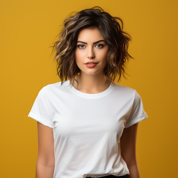 Mulher vestindo camiseta casual em fundo branco, colagem com fotos de vista traseira e frontal