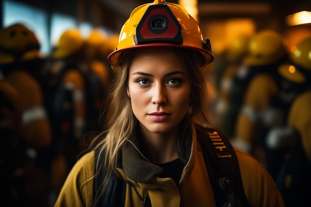 Mulher vestindo capacete e casaco de bombeiro IA generativa