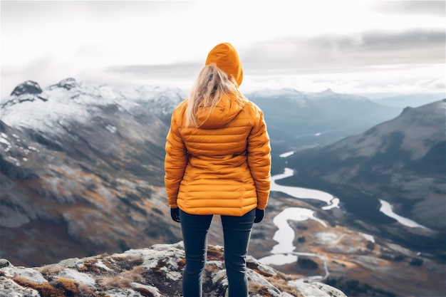 Mulher vestindo casaco laranja em pé no topo de uma montanha de conteúdo gerado por IA