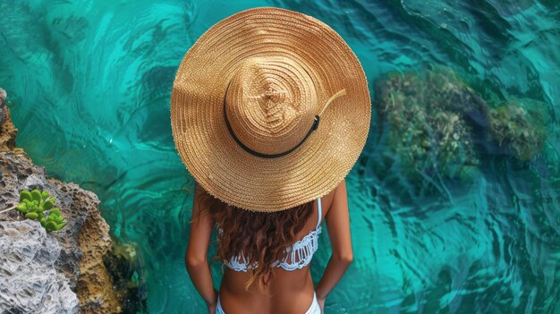 Foto mulher vestindo chapéu de palha de pé na água ia geradora