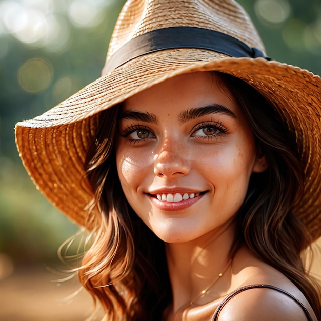 mulher vestindo chapéu de palha sorrindo artigo de roupa moda