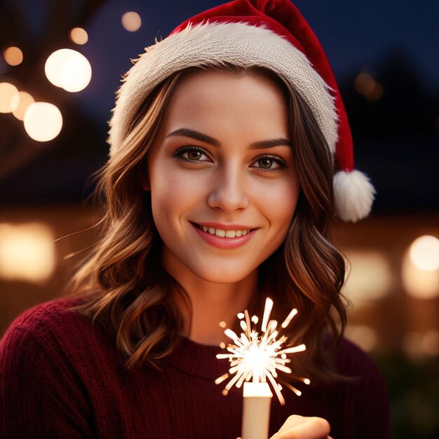 Mulher vestindo chapéu de Papai Noel segurando espumante sorrindo