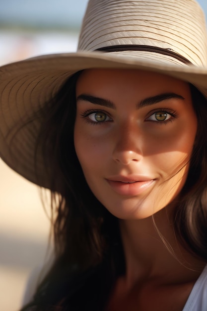 mulher vestindo chapéu praia olhos verdes rosto fino pronunciado contorno facial espesso arbusto reto