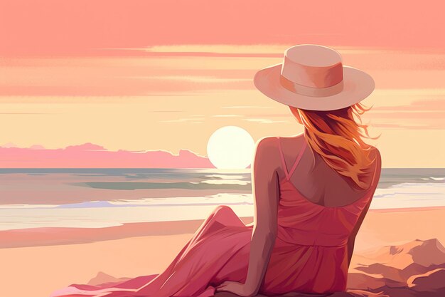 Mulher vestindo em uma praia sentada no estilo de cores planas geradas por IA