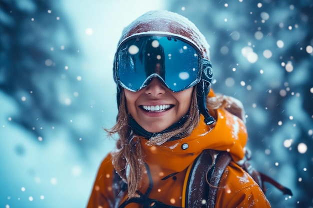 Foto mulher vestindo fato de neve e óculos de proteção sorri para a câmera