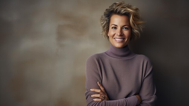 Mulher vestindo suéter roxo sorrindo em frente à parede