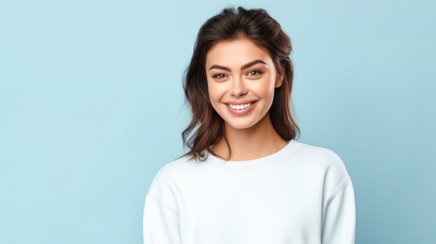 Mulher vestindo sweatshirt branco simples para um modelo de produto para Etsy com fundo azul pastel