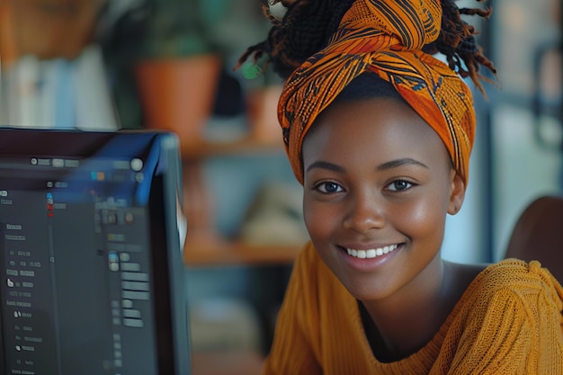 Foto mulher vestindo turbante usando computador