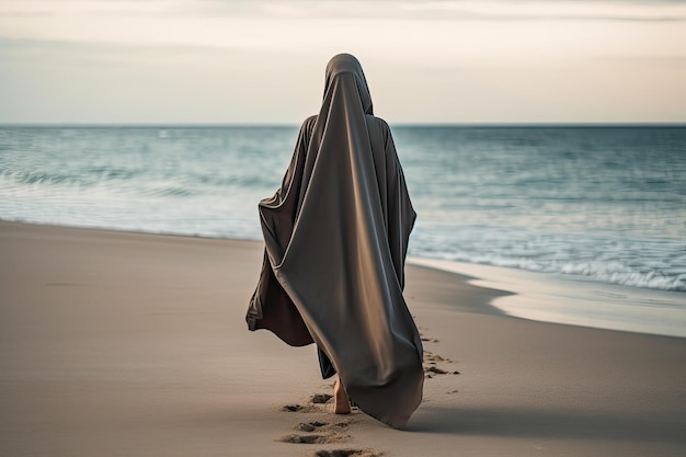 Mulher vestindo um hijab andando na praia sozinha