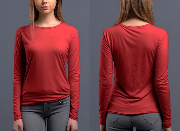 Mulher vestindo uma camiseta vermelha com mangas longas vista dianteira e traseira