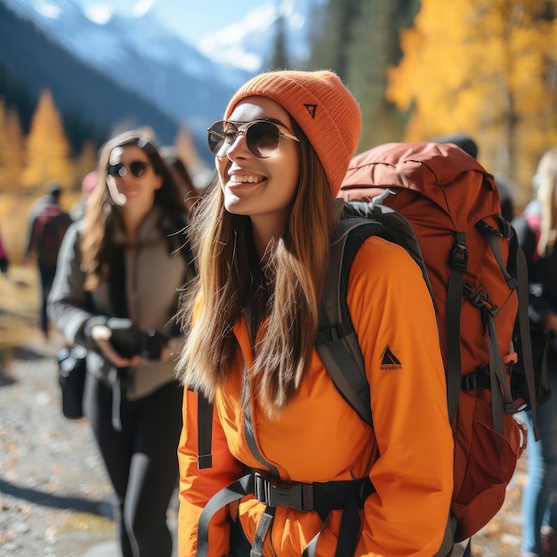 Mulher vestindo uma jaqueta laranja caminhando com uma mochila