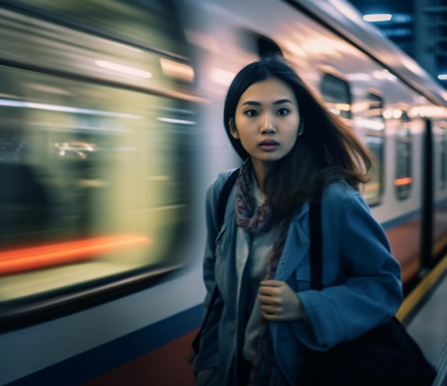 Mulher viajando com o metrô na cidade