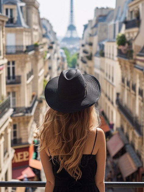 Foto mulher viajante admirando a paisagem urbana em uma estrada parisiense