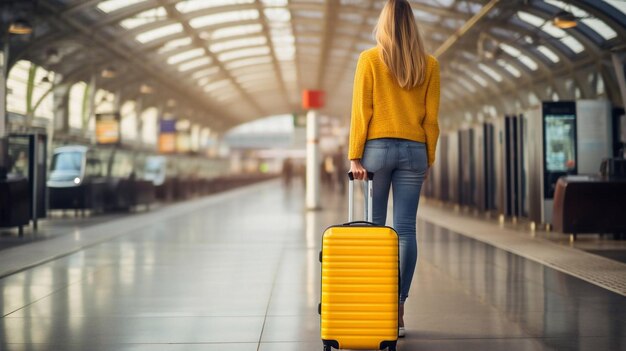 Mulher viajante com bagagem passageira esperando o trem na plataforma Trem férias férias e turismo tema Jovem garota turista esperando o comboio na estação ferroviária