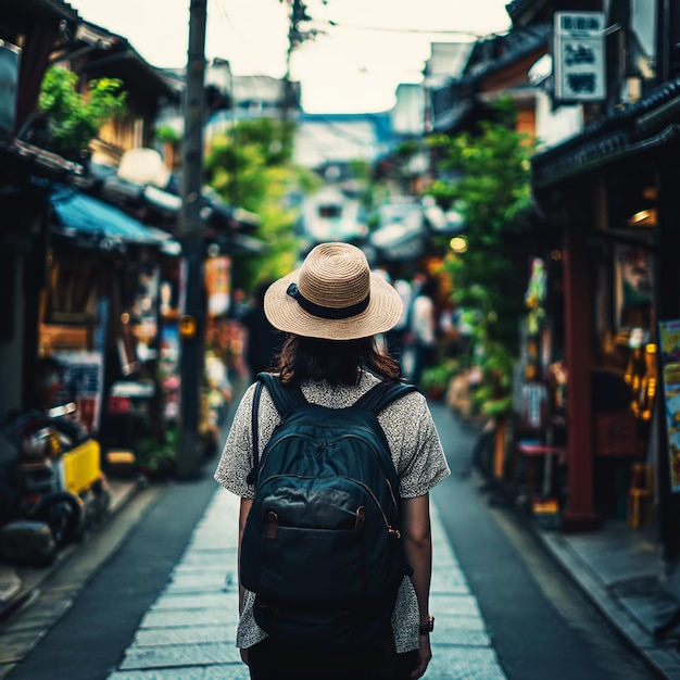 Mulher viajante com mochila e chapéu andando na antiga rua de Kyoto, Japão