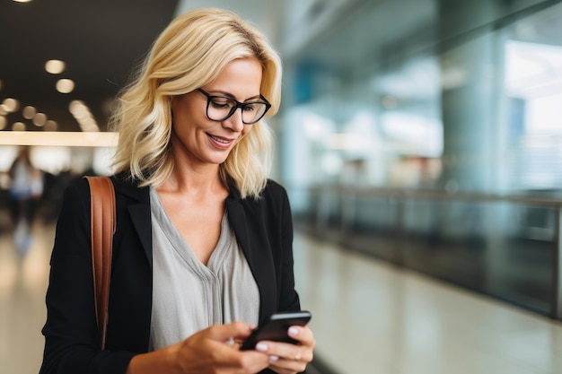 Mulher viajante do aeroporto com óculos usando check-in móvel