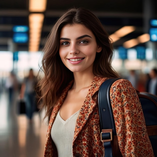 Mulher viajante no aeroporto sorrindo e confiante indo em viagem