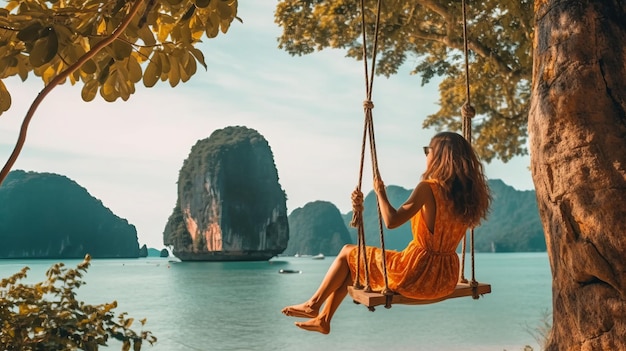 Mulher viajante relaxando no balanço acima do mar de Andaman, praia de Railay, KrabiTailândia