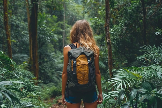 Mulher viajante solo contemplativa em meio à vegetação exuberante de uma floresta enevoada IA geradora