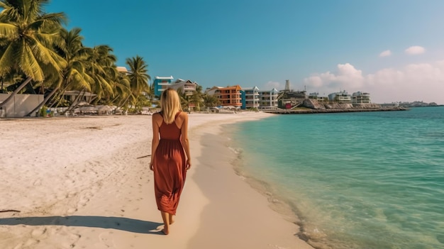 Mulher viajante sozinha a desfrutar da praia vazia.