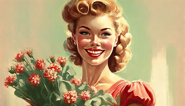 Mulher vintage bonita segurando um buquê de flores sorrindo e animado Ideal para cartazes do Dia das Mães panfletos Generative AI