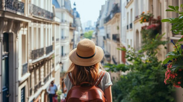 Foto mulher visitando a paisagem urbana em uma rua parisiense