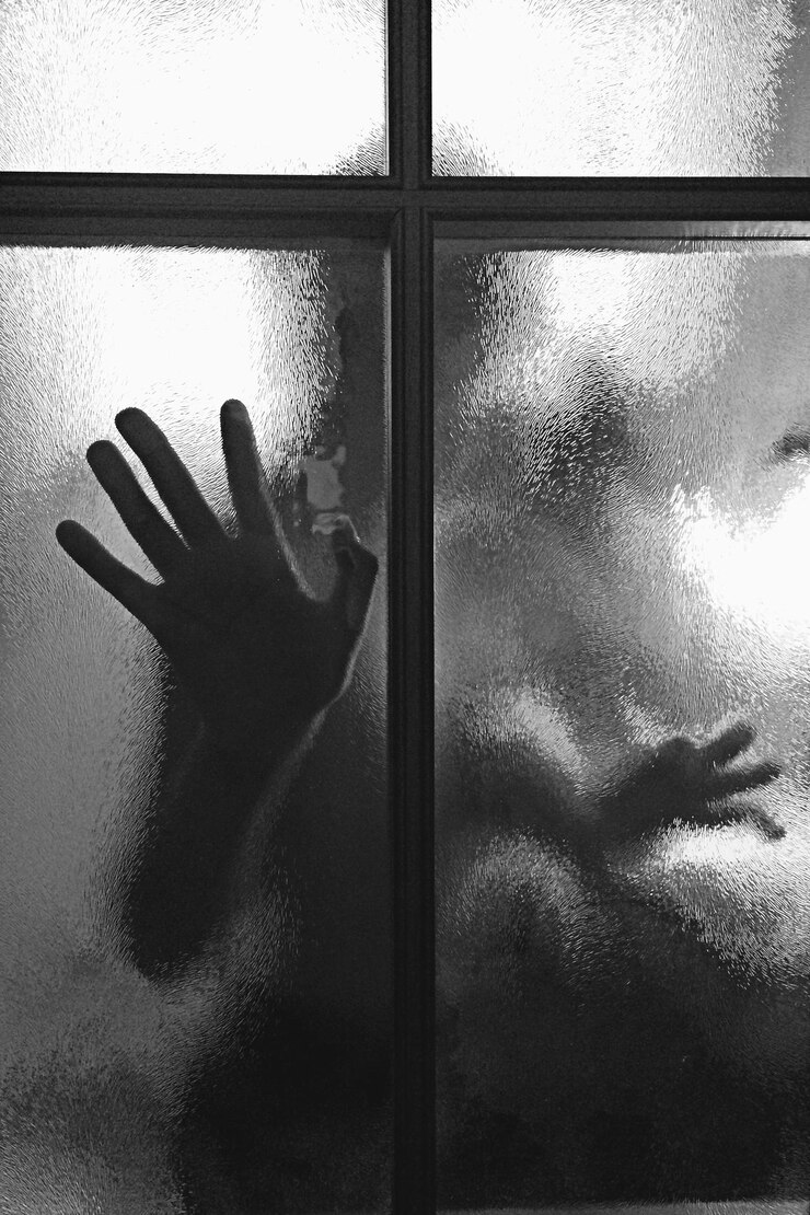 Foto mulher vista através de uma janela de vidro em casa