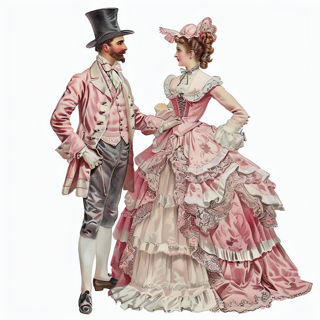 mulher vitoriana em vestido rosa e branco com retrato de homem vitoriano moda vintage