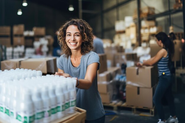 Mulher voluntária humanitária trabalhando em um armazém cheio de muitos produtos doados