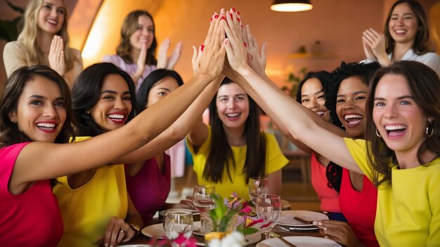 Foto mulheres a darem cinco na mesa.