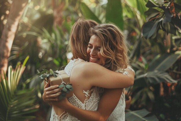 Mulheres abraçadas e mostrando presentes