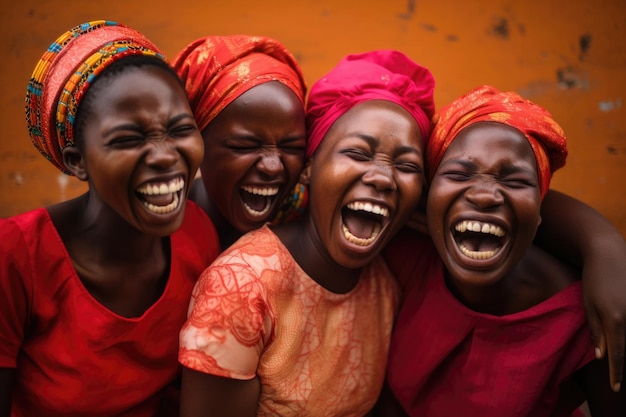 Mulheres africanas felizes em vestidos tradicionais e lenços de cabeça Mulheres negras têm emoções positivas