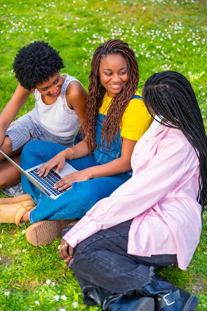 Mulheres africanas usando laptop sentadas em um parque