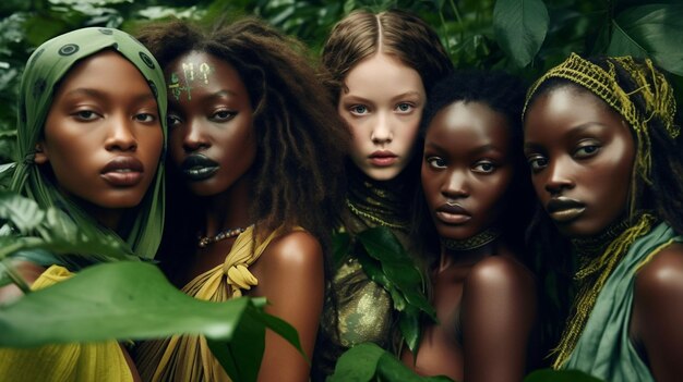 Mulheres ai generativas de diferentes etnias posando na selva da floresta tropical