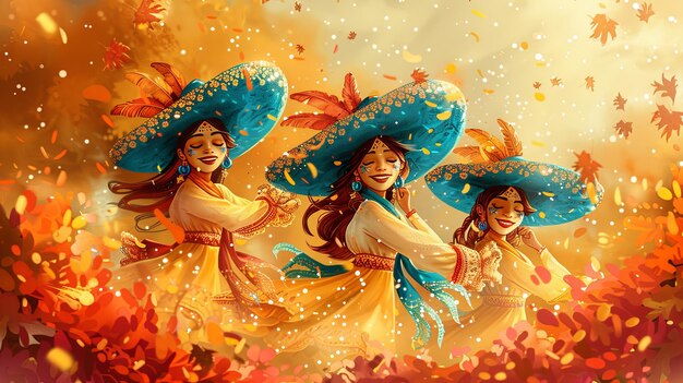 Mulheres alegres comemorando a época festiva em trajes tradicionais