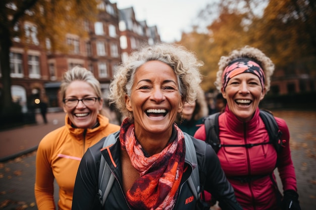 Mulheres alegres e diversas em roupas esportivas caminhando na rua