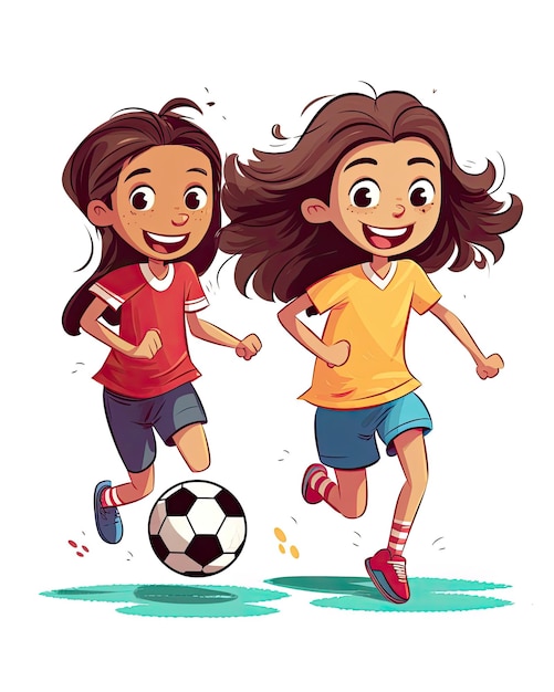 Mulheres amigáveis jogando futebol e vestindo uma camisa de futebol estilo cartoon infantil AI Generated