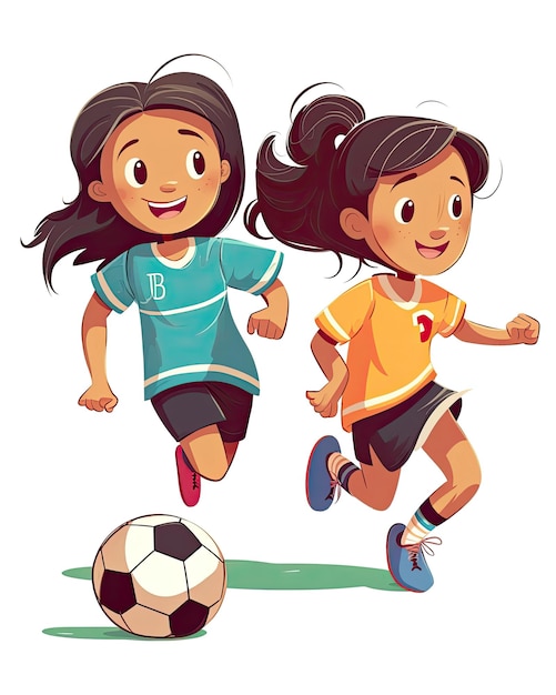 Mulheres amigáveis jogando futebol e vestindo uma camisa de futebol estilo cartoon infantil AI Generated