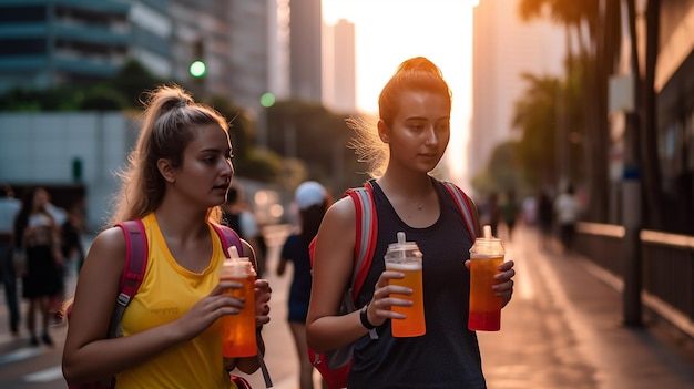 mulheres andando na rua com copos de laranja com refrigerante de laranja