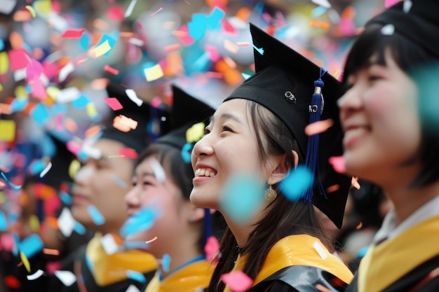 Mulheres asiáticas celebram o dia da formatura na faculdade