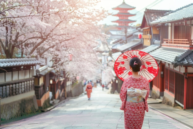 Mulheres asiáticas em kimono visitando Kyoto durante a temporada de flores de cerejeira