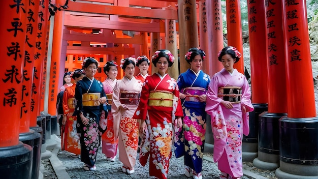 Mulheres asiáticas em kimonos tradicionais japoneses no santuário de Fushimi Inari, em Kyoto, Japão