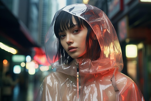 Mulheres asiáticas Rock Streetwear na chuva Generative Ai