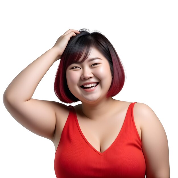 Foto mulheres asiáticas sorridente com rosto agradável e persuasivo falando para a câmera vestindo vermelho v pescoço